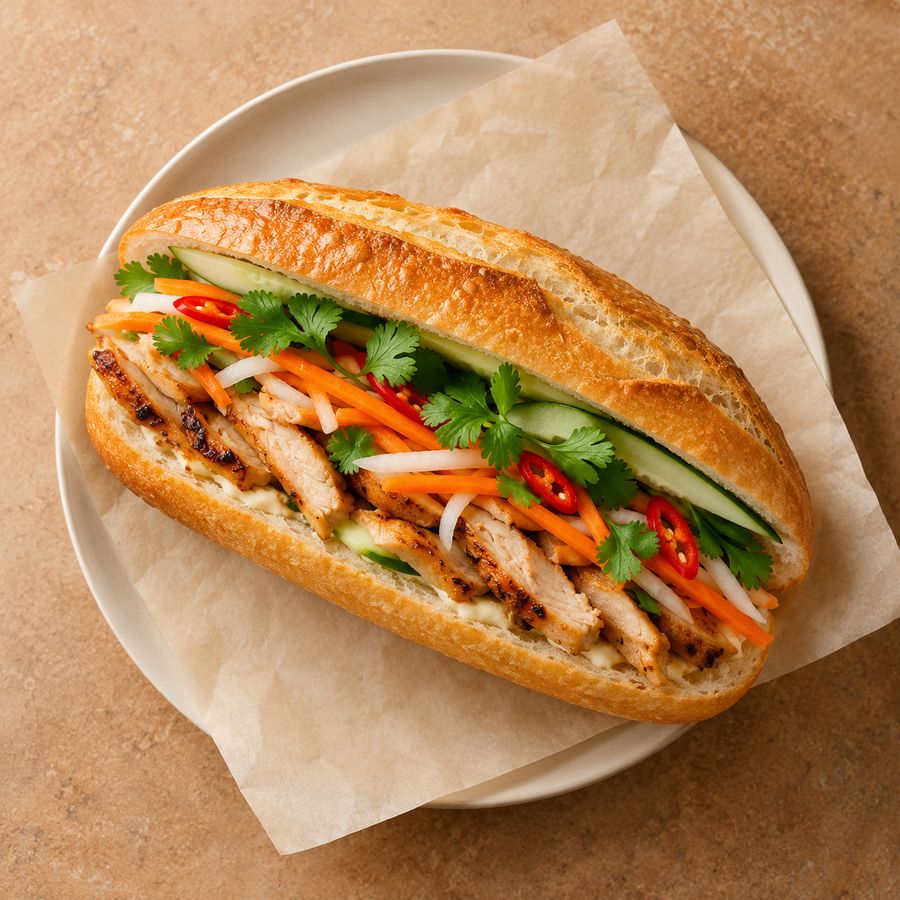 Grilled chicken banh mi with pickled carrot and coriander