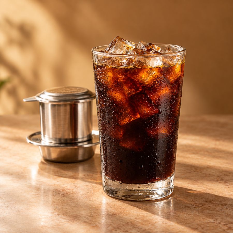 Black iced coffee in the afternoon sun
