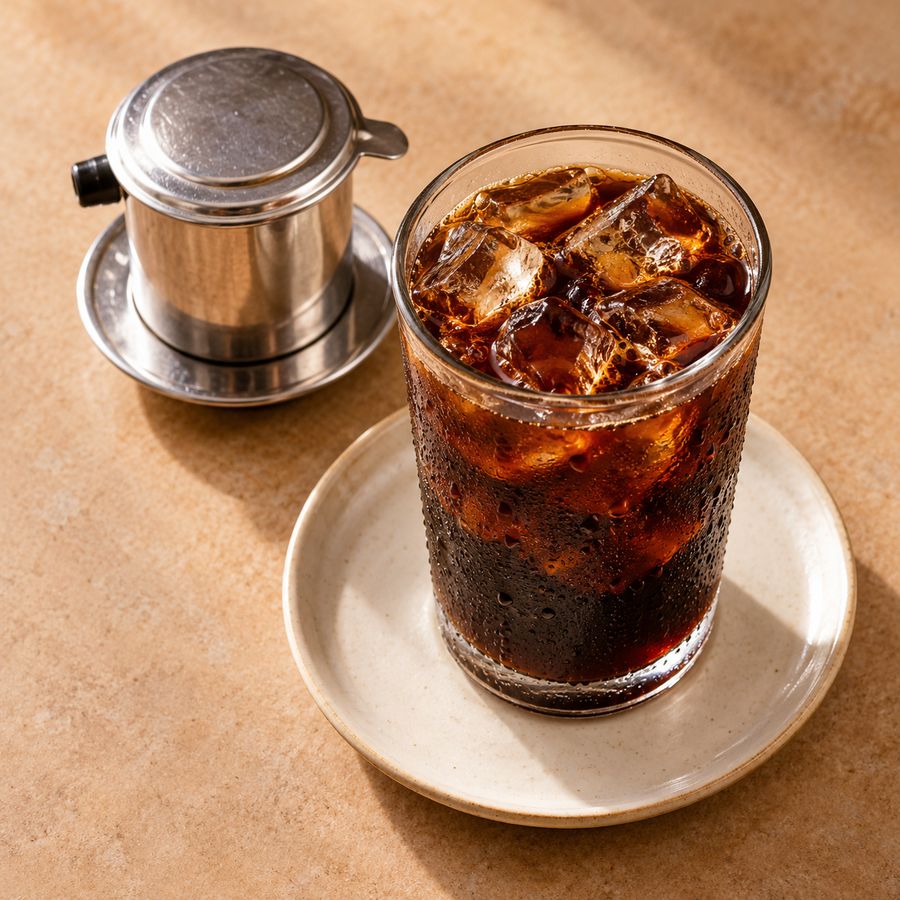 Black iced Vietnamese coffee on a saucer
