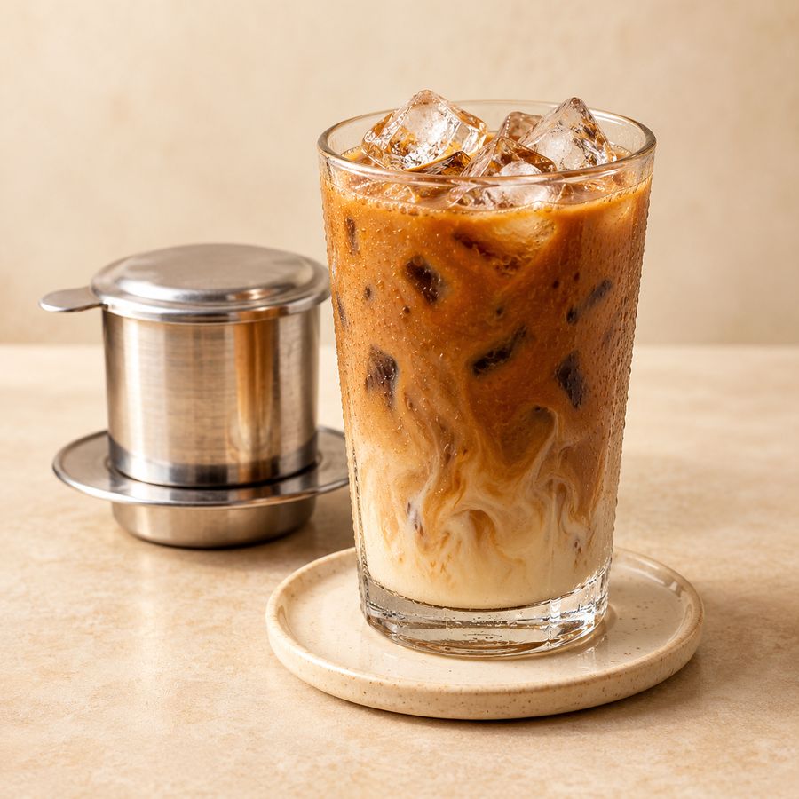 Cà phê sữa đá, iced coffee with condensed milk, next to a phin