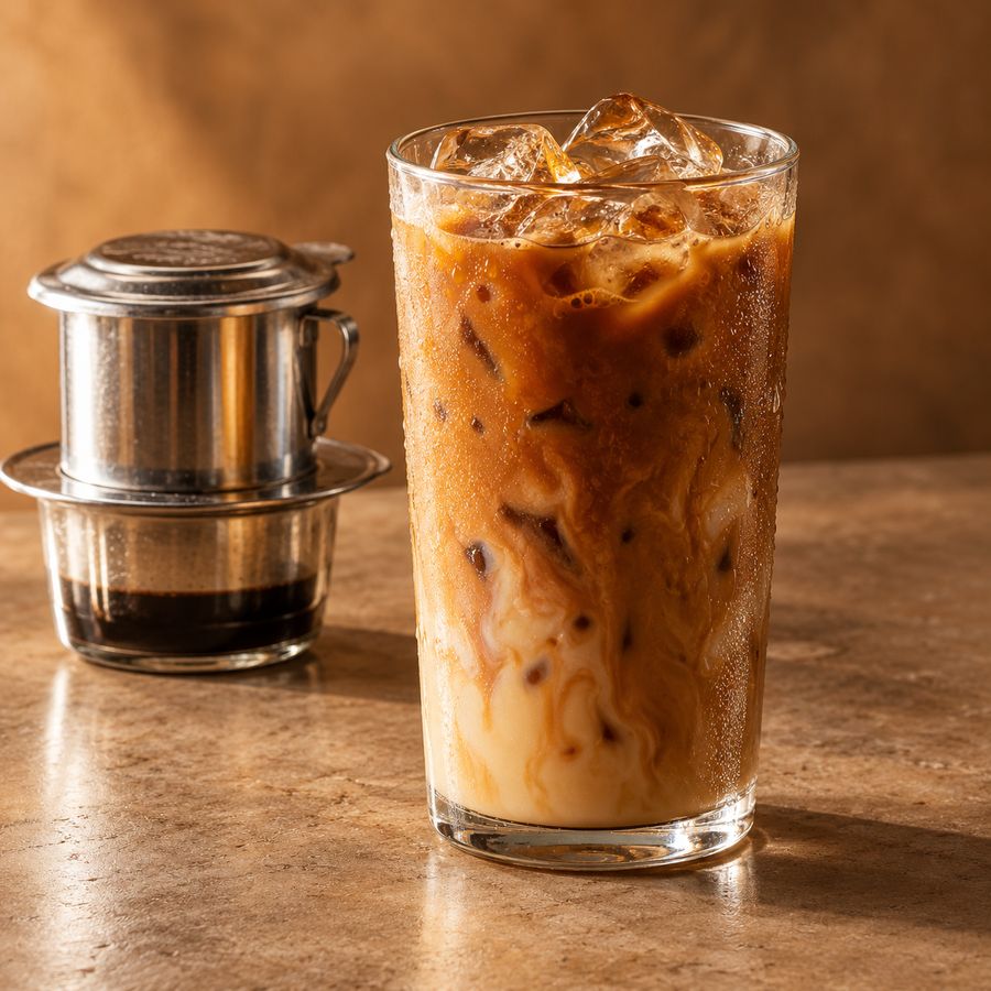 Iced Vietnamese milk coffee beside a steel phin filter