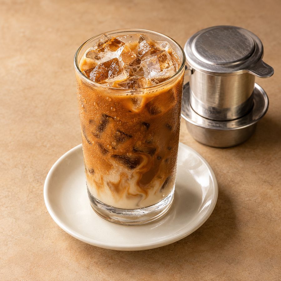 Iced milk coffee with a phin on the side