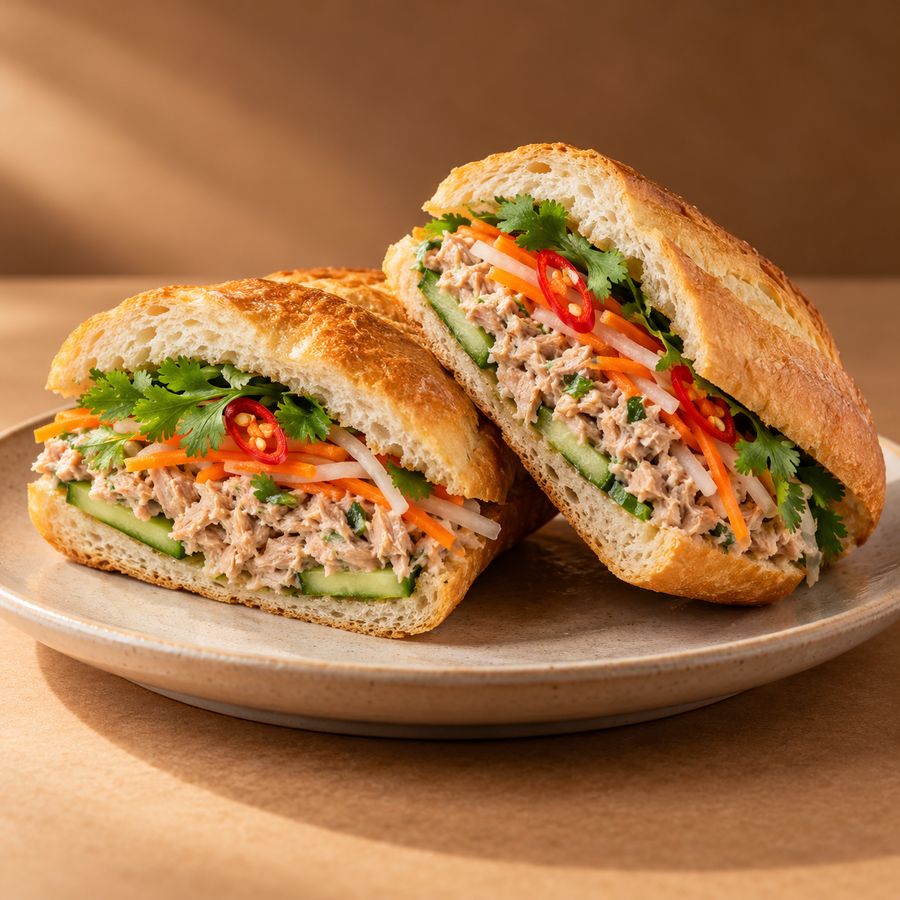 Tuna banh mi cut in half