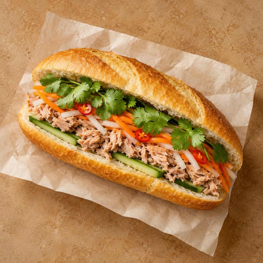Tuna banh mi on baking paper
